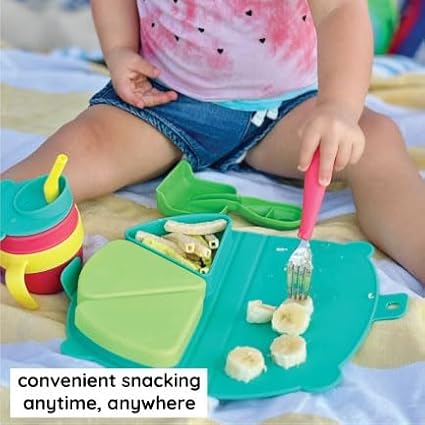 On-The-Go Snack Mat – Baby Silicone Travel Dining Placemat – Portable Silicone Toddler Plate – Reusable Snack Container with 3 Compartments and Lids for 6 Months + (Watermelon)
