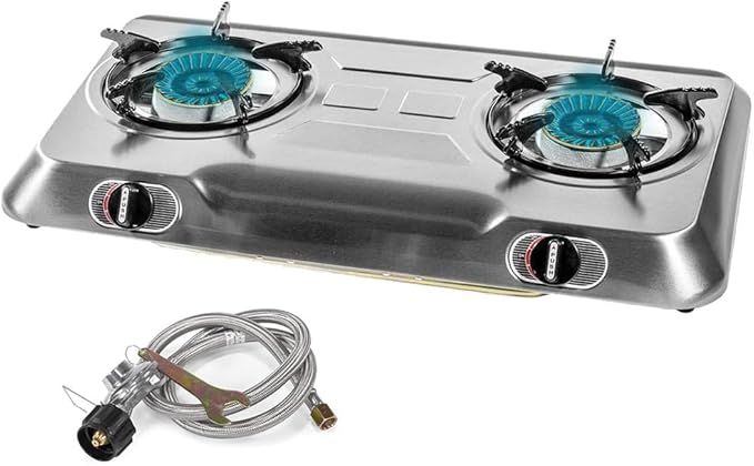 XtremepowerUS 25,516BTU Double Burner Stove Auto Ignition Cooktop Outdoor LPG Propane Camping 2 Stove Burner Portable Stove Burner, Stainless Steel