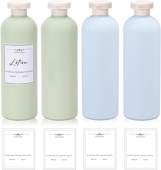13.5 oz Plastic Travel Shampoo Bottles, Refillable Flip Cap Squeeze Bottles for Toiletries, Large Leakage-proof Travel Shampoo and Conditioner Container (Blue and Green)