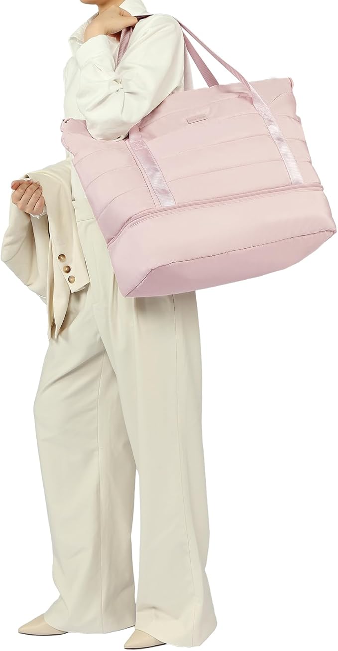 NISHEL Double-layer Weekender Bags for Women, Personal Item Duffle Bag with Shoes Compartment, Large Capacity Travel Bag, Overnight Luggage Bag with Pocket, Pink