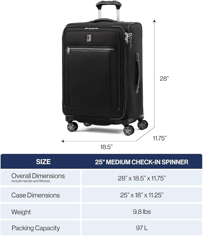 Travelpro Platinum Elite Softside Expandable Checked Luggage, 8 Wheel Spinner Suitcase, TSA Lock, Men and Women, Shadow Black, Checked Medium 25-Inch