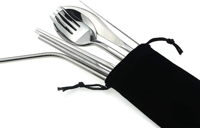 7 Pcs Portable Flatware Set, 304 Stainless Steel Cutlery Set Travel Utensils Set w/Pouch Fork Spoon Chopsticks Straws for Travel Camping Office School, Dishwasher Safe & Eco-Friendly (Silver)