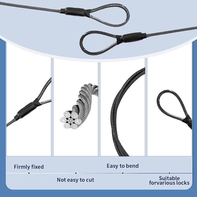 3.3mm (1/8 Inch) Outdoor Travel Stainless Steel Security Cable-6ft Luggage Lock Safety Wire Flexible Steel Wire Rope with Double Loop Safety for Luggage, Bike, Lock(Black, 6ft-(2Pack)