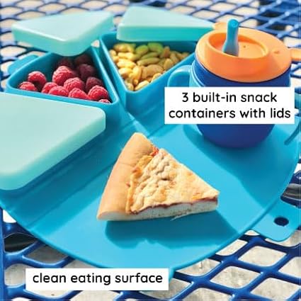 On-The-Go Snack Mat – Baby Silicone Travel Dining Placemat – Portable Silicone Toddler Plate – Reusable Snack Container with 3 Compartments and Lids for 6 Months + (Watermelon)