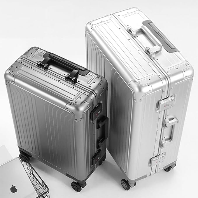 Metal all aluminum carry-on suitcase 20 "hard face, TSA lock and rotating wheel zippered luggage set (dark grey, 2Piece(20/28))