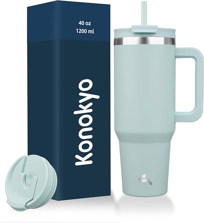 40 oz Tumbler with Handle and 2 Straws,2 in 1 Lid Insulated Water Bottle Stainless Steel Travel Coffee Mug,Blue Haze