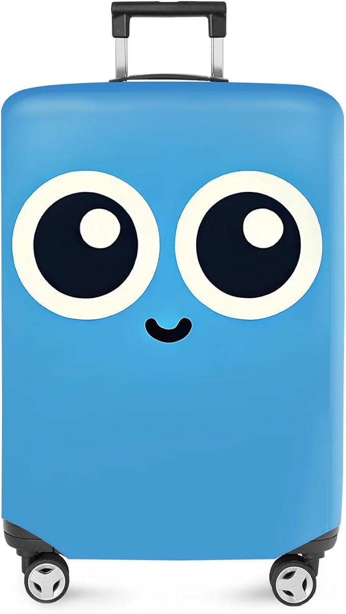 ANNA QUEEN Cute Smiley Face Luggage Cover, Blue Cartoon Suitcase Protector with Big Eyes Design, Stretchable, Washable Travel Cover for 20-22 Inch Luggage