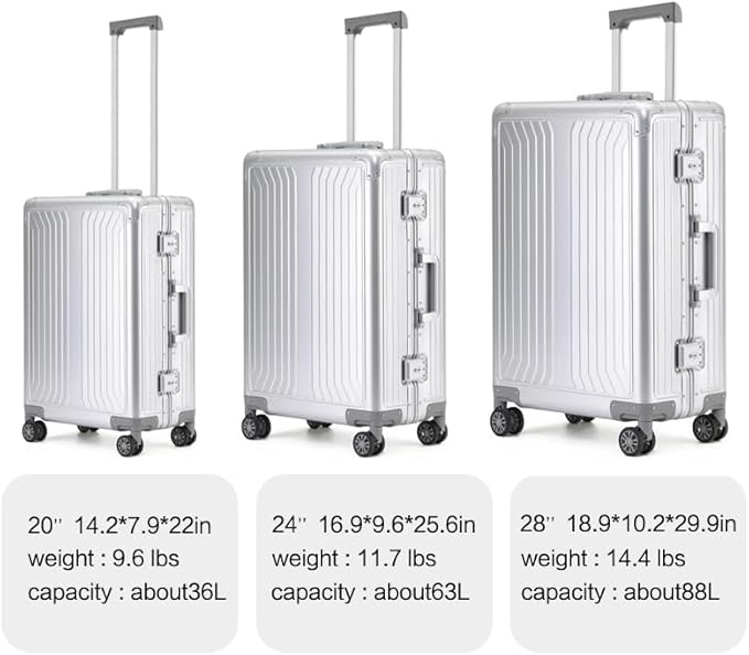 Metal all aluminum carry-on suitcase 20 "hard face, TSA lock and rotating wheel zippered luggage set (silvery, 24 '')