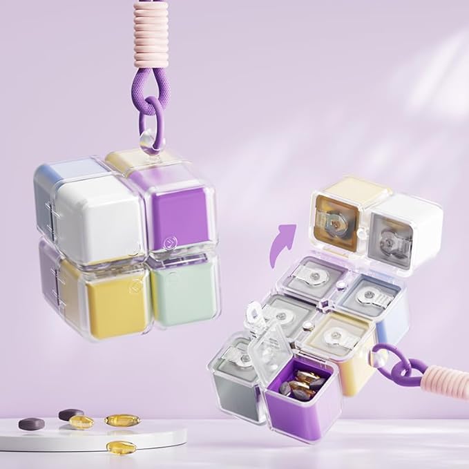 Travel Pill Organizer,Magnetic Cube Cute Pill Box,Pill Compact with 8 Compartment,Vitamin Cases Organizers 7 Day for Vitamins & Supplements (Purple)