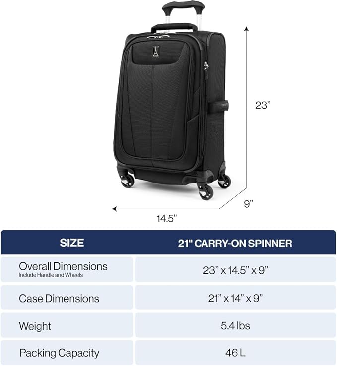 Travelpro Maxlite 5 Softside Expandable Carry-On Luggage with Spinner Wheels, Lightweight, 21-Inch — Black