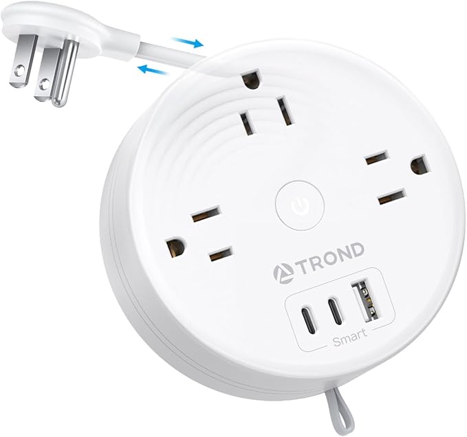 TROND Travel Power Strip - Retractable Extension Cord 5ft Ultra Thin Flat Plug, Retractable Power Strip with 3 AC Outlets 3 USB Ports (2 USB C), Cruise Ship Essentials, for Home Hotel Dorm Room, White