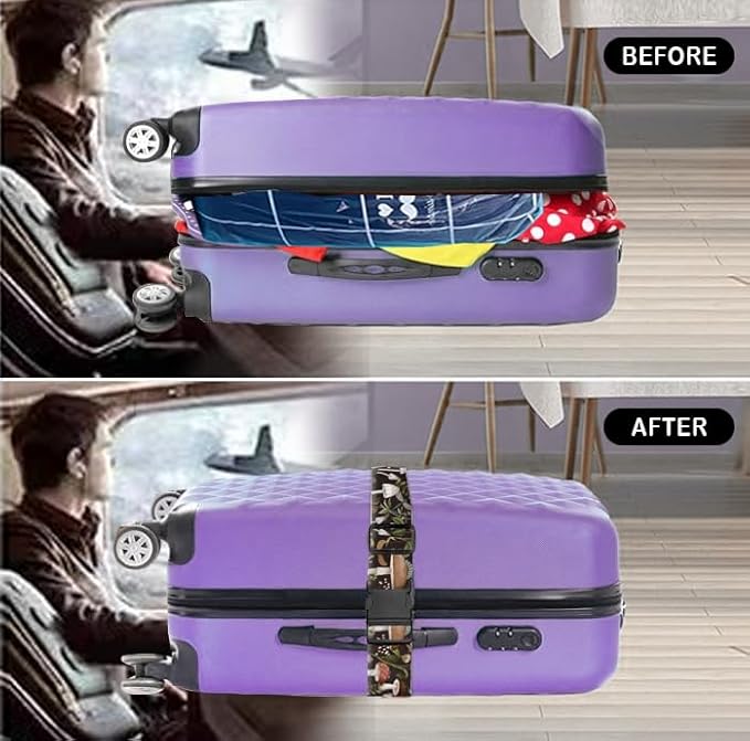 Luggage Straps for Suitcases Travel Belt Accessories, Cute Suitcase Strap, Adjustable Luggage Belt Strap, Heavy Duty with Quick-Release Buckle Luggage Strap Boho Mushrooms
