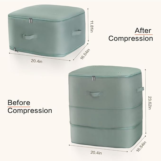 Ultra Space Saving Self Compression Storage Bags with Zipper, (Green) -Compression Organize for Bedding, Comforter Storage Bag for Blankets Duvet Quilts Pillows