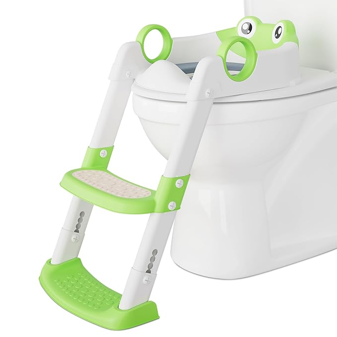 Toddler Toilet Training Seat with Ladder – Soft PU Cushion, Non-Slip Steps & Handles, Adjustable Height Potty Training Seat for Boys & Girls, Fits Standard Toilets, Easy to Assemble