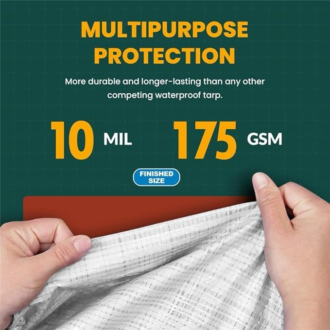 Large Waterproof Tarp - Heavy Duty 10 Mil Thick Poly Tarpaulin Ideal for Canopy Tents, Boats, RV or Pool Covers - Multipurpose Protective Tarps with Grommets for Indoor and Outdoor Use | 12' x 16'