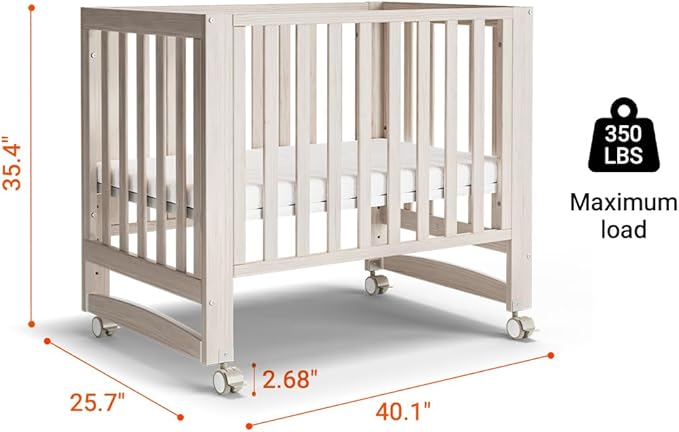 EvoNest Baby Crib, 6 in 1 Convertible Mini Crib with Wheels, 100% New Zealand Wood Growing Bed, 4 Adjustable Mattress Height， Washed Natural