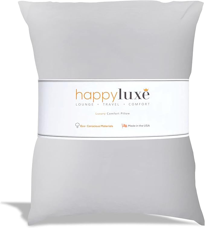 Happyluxe Odyssey Travel Pillow for Long Flights - Soft, Small, Alternative to Down and Memory Foam. 17 x 13in - Made in The USA, Silver Gray Airplane Pillow for Adults Sleeping, Camping or Nap