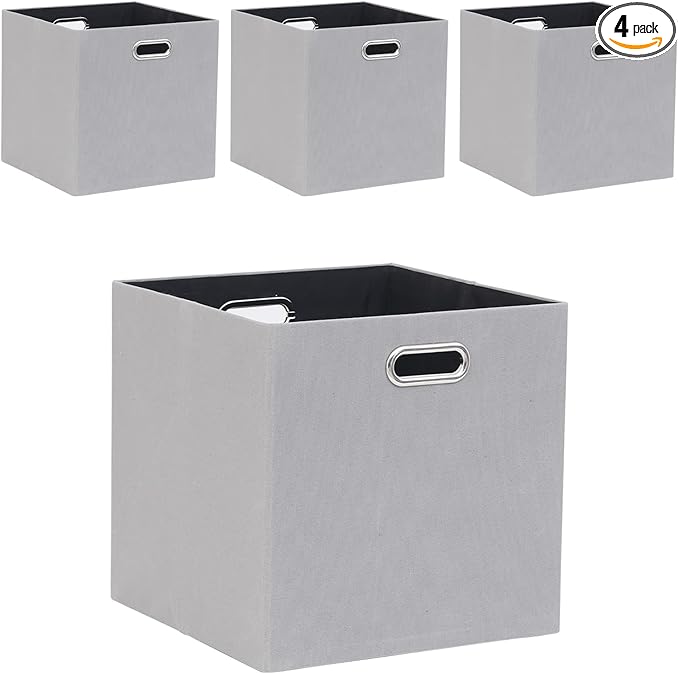 Cube Storage Bins 13×13 Polyester Foldable Box with Handles, Collapsible Organization Basket Set of 4 Large Capacity Drawer for Closet Shelf Cabinet Bookcase Bedroom, Light Gray