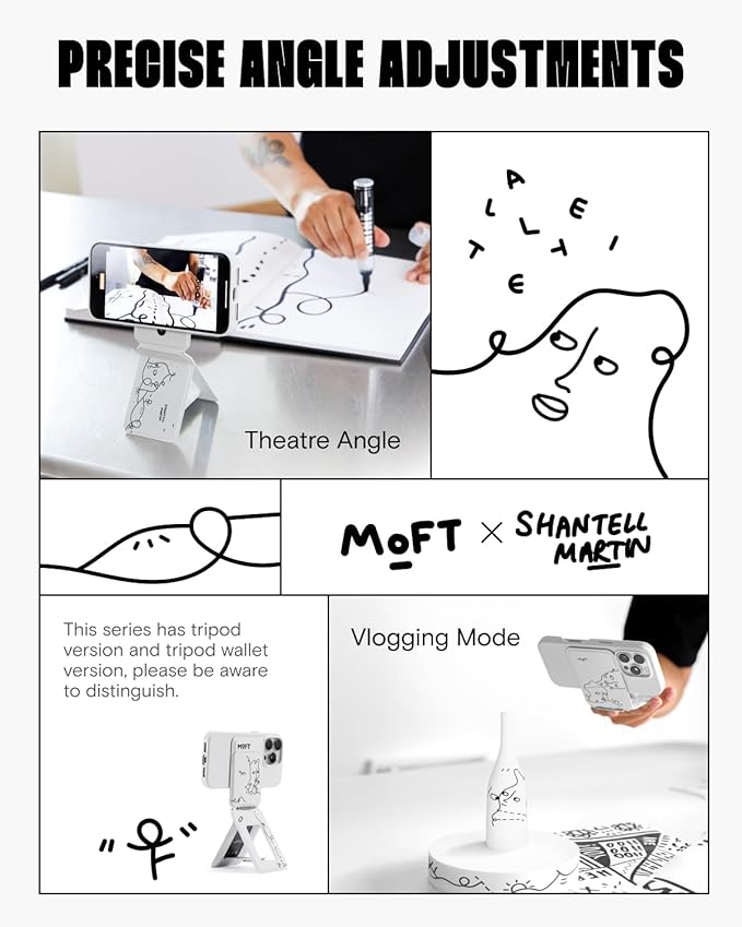 MOFT x Shantell Martin Phone Tripod Stand Selfie Stick for iPhone, Multi-Angles iPhone Stand, Lightweight & Portable Phone Holder, Strong Magnets, MOVAS Vegan Leather, Misty Cove (Without Card Slot)