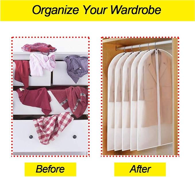 Garment Bags for Hanging Clothes 24''X48'' Suit Bags for Closet Storage (Pack of 6) Plastic Waterproof Suit Cover Bags with Zipper for Coats, Jackets, Shirts