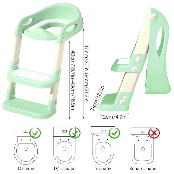 Potty Training Seat with Step Stool Ladder, Adjustable Foldable Potty Seat for Toilet with Anti-Slip Pads Ladder for Kids Boys Girls Toddlers - Green