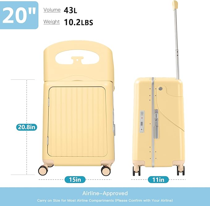 20" Carry-On Luggage with Seat for Kids & Adults, Lightweight Hardside Ride-On Suitcase with Front Opening, TSA Lock, 360° Spinner Wheels (Yellow, 20-inch)