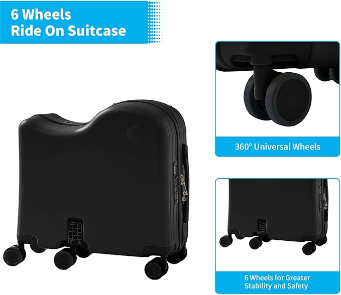 TABU Ride-on Luggage with Handbag for Kids，Hardshell Carry On Suitcase with Hidden Cup Holder, Foldable Pedal,Type-C & USB Interface, TSA Lock, 6-Spinner Wheels, Black
