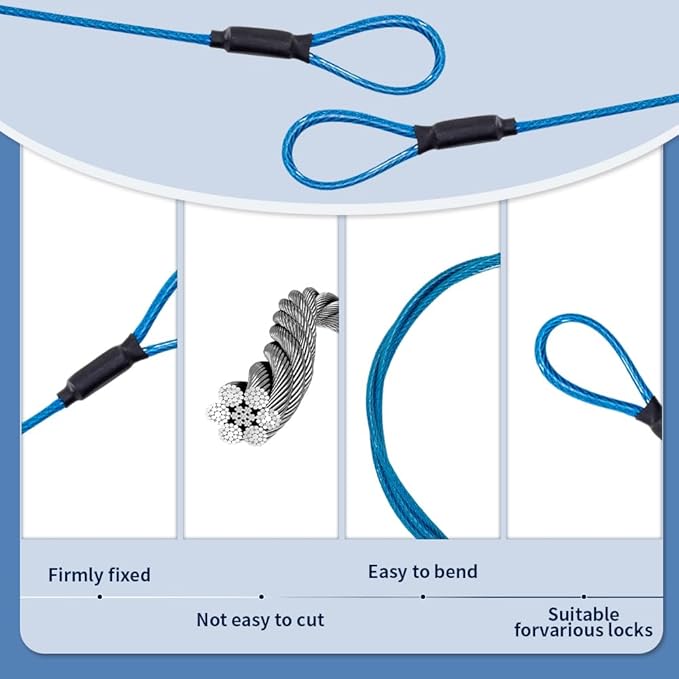 3.3mm (1/8 Inch) Outdoor Travel Stainless Steel Security Cable-4ft Luggage Lock Safety Wire Flexible Steel Wire Rope with Double Loop Safety for Luggage, Bike, Lock(Black+Blue, 4ft-(2Pack)