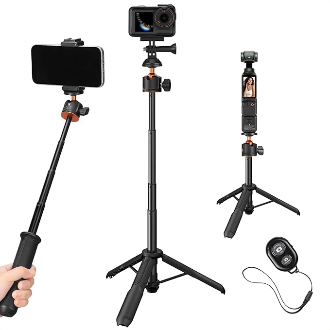 K&F Concept Selfie Stick Tripod, 60cm/23.6" Extendable Ball Head Vlog Selfie Stick Handle for GoPro Hero 13/12/11/10/9/8/7/Max DJI Osmo 360 Pocket 3 Action 5 Pro.