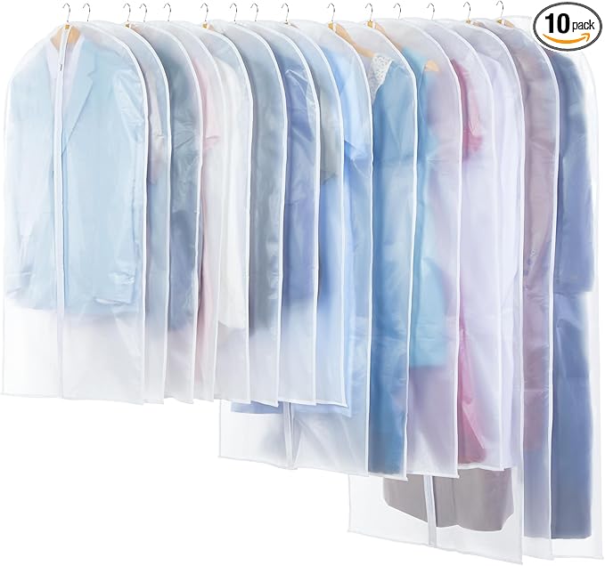 10 Pack Translucent Garment Bags for Hanging Clothes - Frosted Clothes Storage Bags for Suits, Shirts, Dresses, Closet Storage, Travel - 24" x 40"/47"/55"