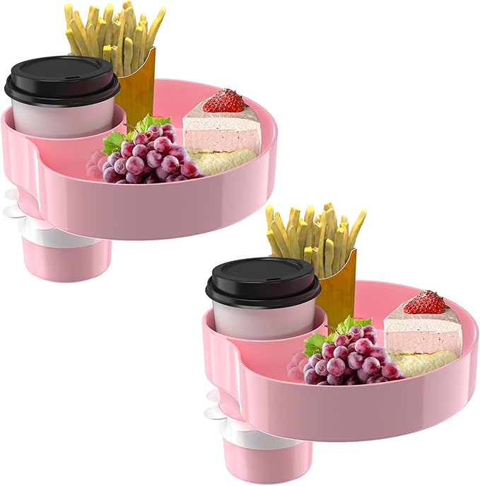 [2 Packs] Kids Car Seat Tray, Travel Tray with Cup Holder for Toddler Baby, Kids Car Seat Food Snack Organizer for Road Trip, Stroller snack Organizer Travel Must Haves (Pink, 2 PCS)