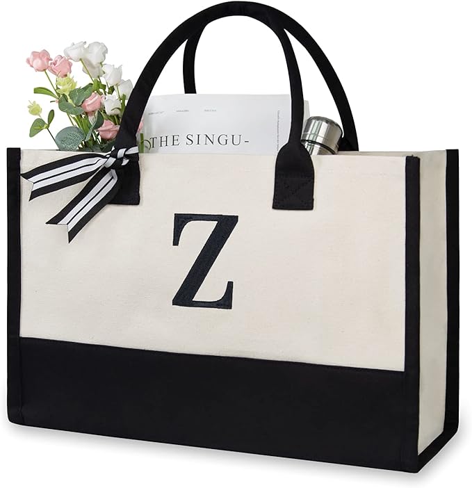 TOPDesign Embroidery Initial Canvas Tote Bag, Personalized Present Bag, Suitable for Wedding, Birthday, Beach, Holiday, is a Great Gift for Women, Mom, Teachers, Friends, Bridesmaids (Letter Z)
