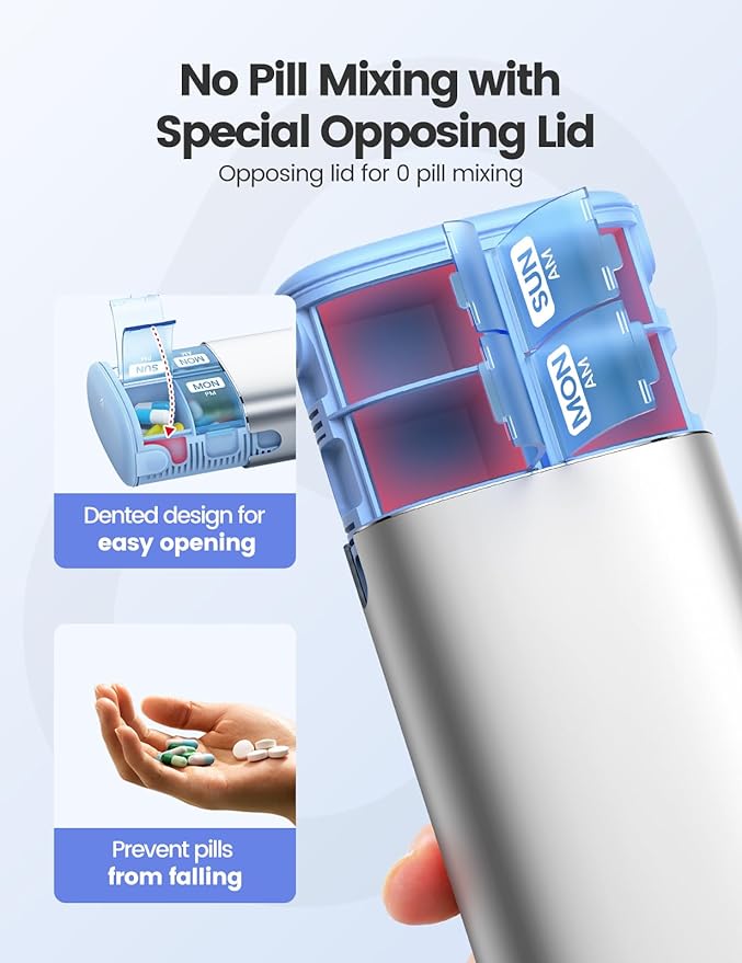 Vaydeer Metal 7 Day Pill Organizer 2 Times a Day – AM PM Weekly Travel Pill Case with Moisture-Proof Desiccant, Airtight Large Capacity Pill Box for Vitamins, Medications & Supplements (Champagne)