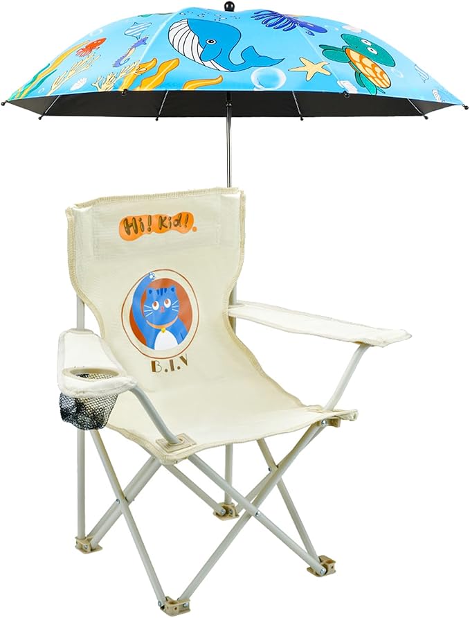 Kids Beach Folding Camping Chair - Kids Camping Chair with Outdoor Umbrella - Lightweight and Sturdy - for Beach Outdoor Camping Picnic (Blue)