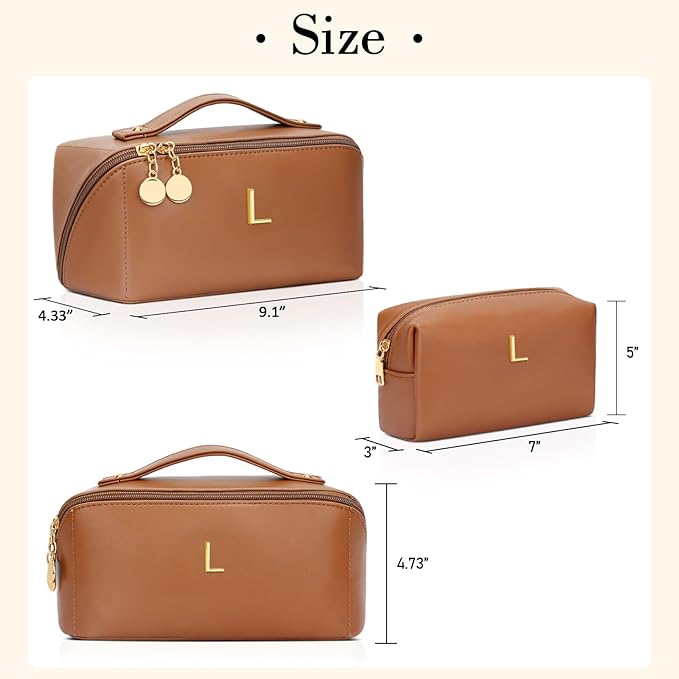 Birthday Gifts for Women Teen Girl, Personalized Initial Makeup Organizer Bag Set, Open Flat Travel Cosmetic Bag With Clear Divider and Handle(Brown,L)