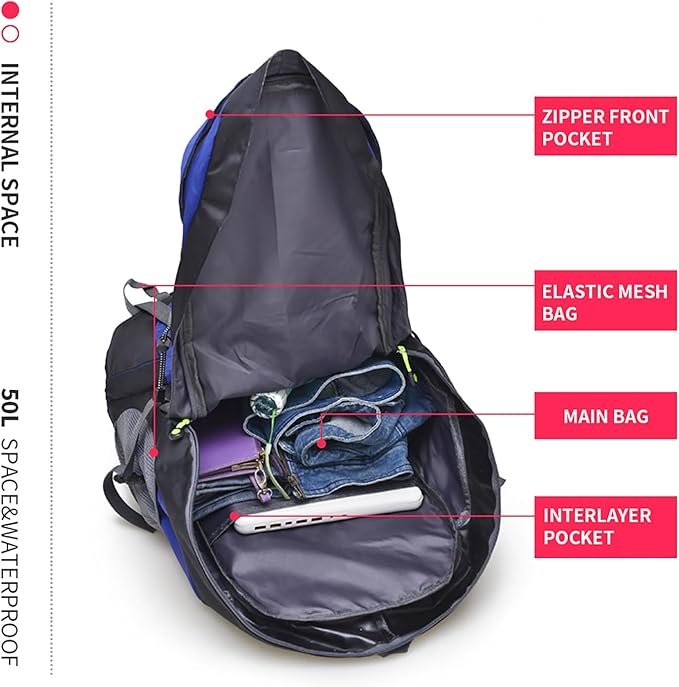 Bseash 50L Hiking Backpack, Water Resistant Lightweight Outdoor Sport Daypack Travel Bag for Camping Climbing Skiing Cycling (Blue - No Shoe Compartment)