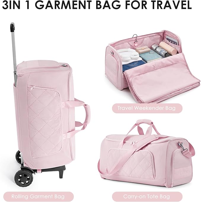 Rolling Garment Bag for Travel,Duffle Garment Bag with Wheels and Shoe Compartment for Men and Women,3 in 1 Suit Dress Bags with Wheels (Pink)