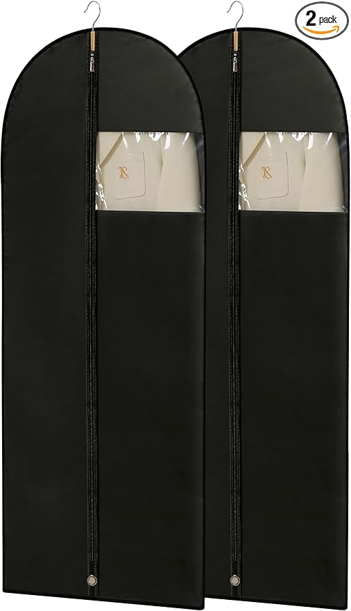 Dress Bags for Gowns, 65'' Long Garment Bags for Hanging Clothes, Dress Garment Bag, Black Dress Bag with Clear Window for Dresses, Coats, Uniforms（2 Packs）