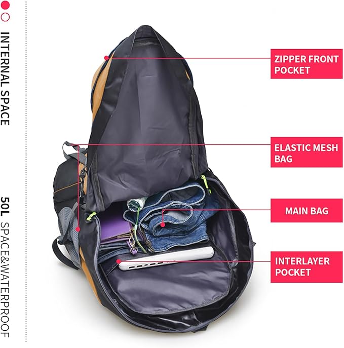 Bseash 50L Hiking Backpack, Water Resistant Lightweight Outdoor Sport Daypack Travel Bag for Camping Climbing Skiing Cycling (Gold - With Shoe Compartment)