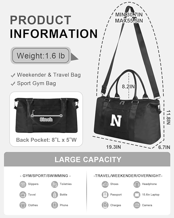 Initial Travel Duffel Bag Sports Gym Bag for Boys Teen Birthday Gifts,Black Personalized Weekender Bag Carry On Tote Bags for Men,Waterproof Overnight Luggage Bag Airplane Travel Essentials(Letter N)