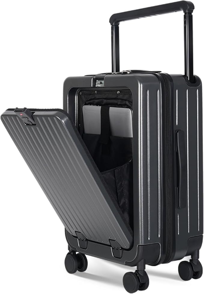 SOKOK Front Pocket Luggage with Spinner Wheels, 24'' Wide Handle Travel Suitcase PC Hardshell Multifunctional Luggage with Charging Port and Cup Holder, Graphite
