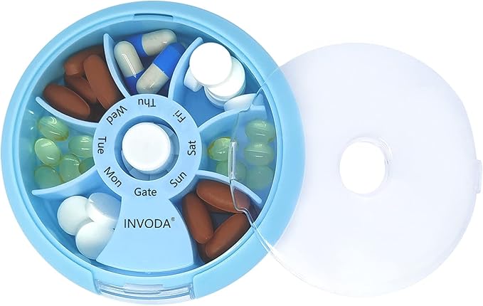 INVODA Weekly Pill Organizer 7 Compartment Rotating Pill Box for Daily Medication & Vitamins - Portable Travel Pill Case Fish Oil Supplements Vitamins Organizer (Pink+Blue)