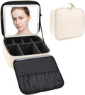 Travel Makeup Bag with LED Mirror Travel Makeup Organizer with 3 Lighted Settings, Adjustable Dividers and Makeup Brush Storage Bag White