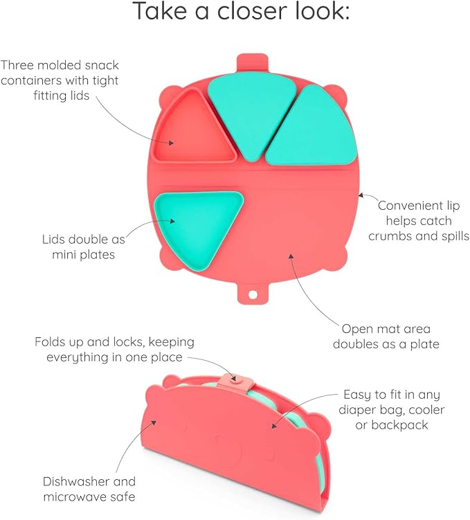 On-The-Go Snack Mat – Baby Silicone Travel Dining Placemat – Portable Silicone Toddler Plate – Reusable Snack Container with 3 Compartments and Lids for 6 Months + (Ocean)