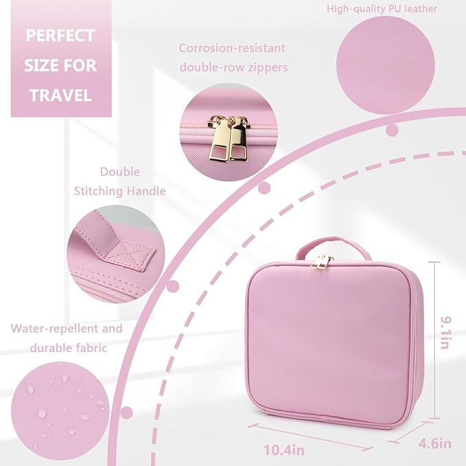 Travel Makeup Bag,with Mirror 3 Color Setting and Detachable 10x Magnifying Mirror Travel Makeup Bag,Portable Storage and Adjustable Dividers（Light Pink）