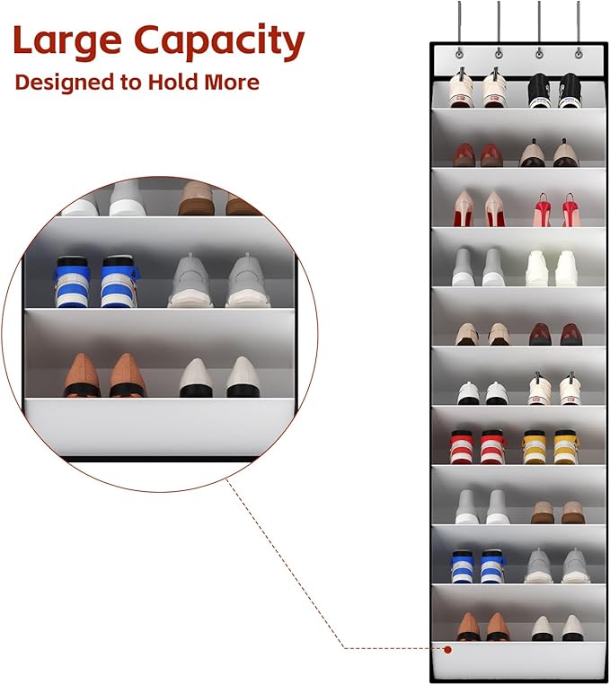 KEEPJOY 10 Tiers White Over Door Shoe Organizer Storage, Hanging Shoe Holder for Door with Large Deep Pockets, Fit 20-30 Pairs Shoe Rack for Sneakers, Boots. (White)
