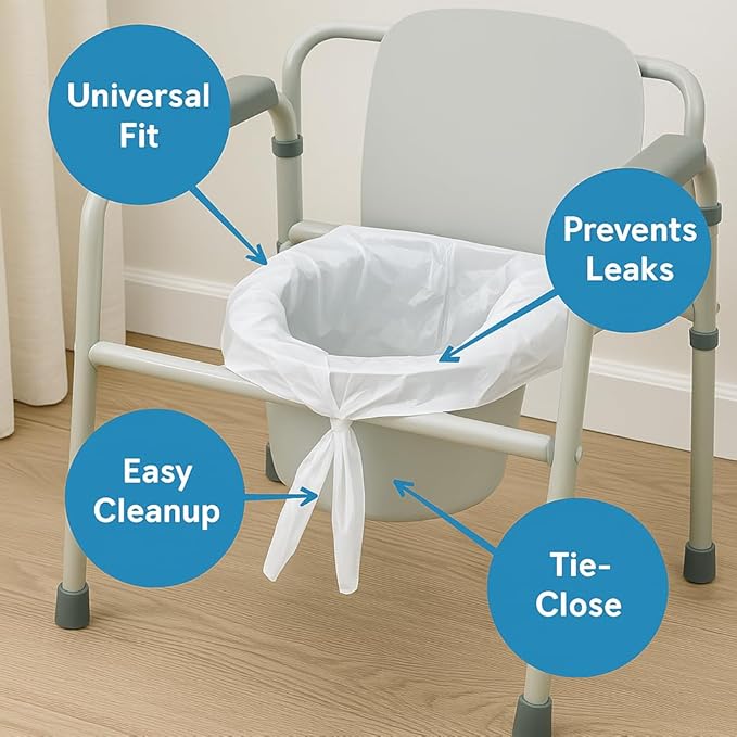 Disposable Commode Liners – 50 Count Universal Fit Toilet Liners for Bedside Commodes, Camping, Travel & More – Leak-Proof, Easy-Tie Bags