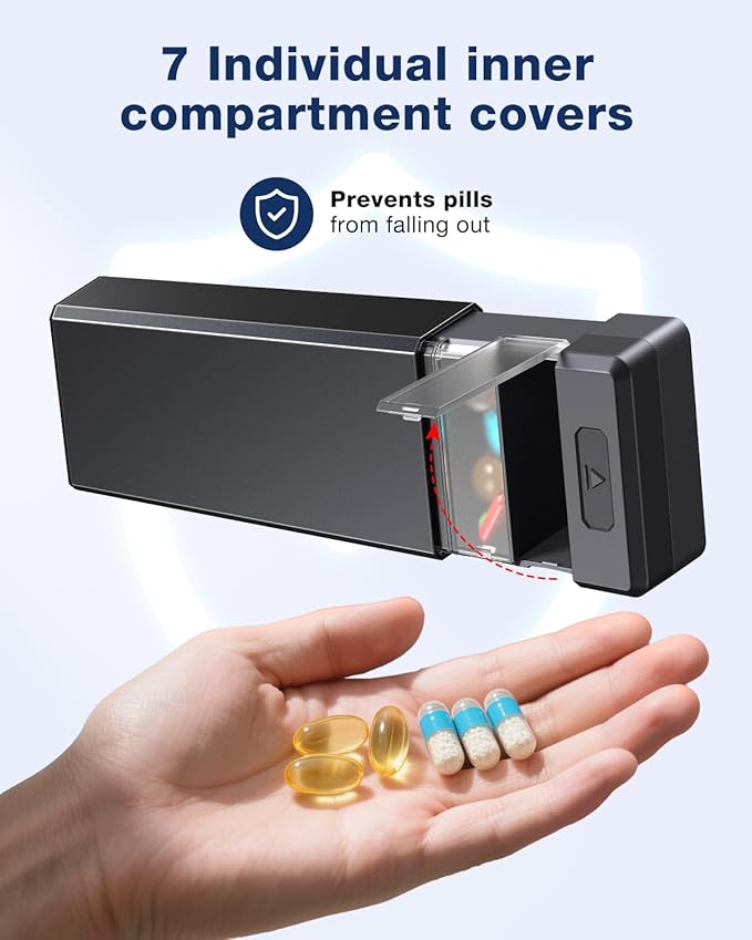 HEIYING 7 Days Pill Organizer with Aluminum Shell for One Week Capacity, Portable Metal Pill Case to Hold Vitamin, Medicine, Supplements