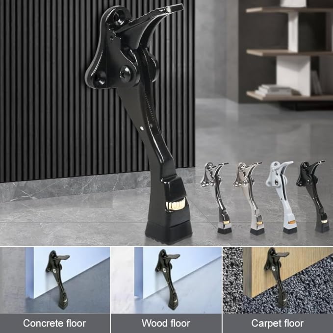 2 Packs Heavy Duty Kickdown Door Stopper, One Touch Adjustable Kickdown Door Stop for Heavy Doors, 4 in Metal Door Kickstand with Rubber Tip & Wall Protectors for Wide Doors- Black