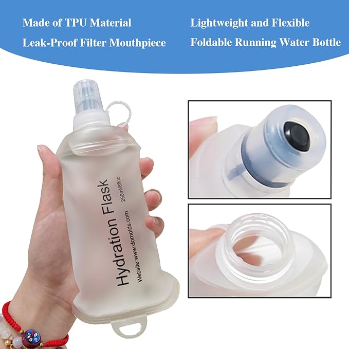 CLINTT 250ml Soft Flask, Foldable Running Water Bottle, TPU Folding Soft Water Flask, BPA-Free Collapsible Flask for Hydration Pack Running Vest, Cycling, Climbing, Hiking - 1Pcs, Blue